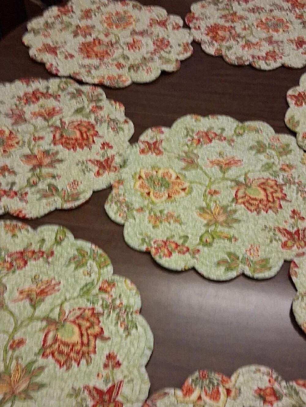 Quilted Floral Scalloped Placemats - Sage Green with Coral Accents (Set of 8)